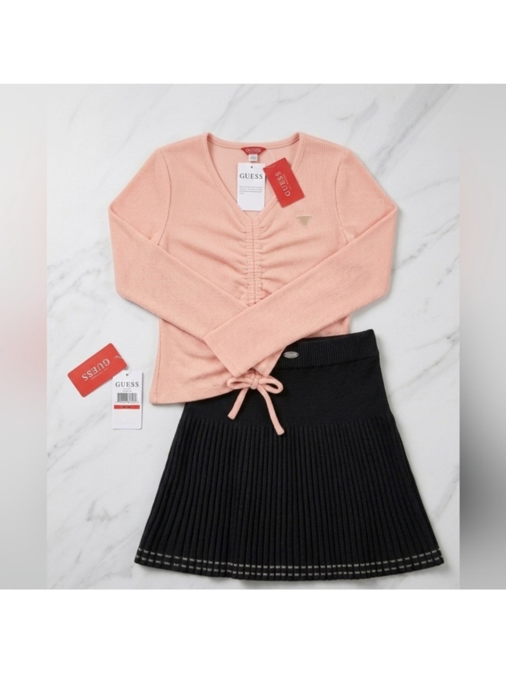 GUESS Peach V-Neck Drawstring Knit Top with Black Pleated Skirt